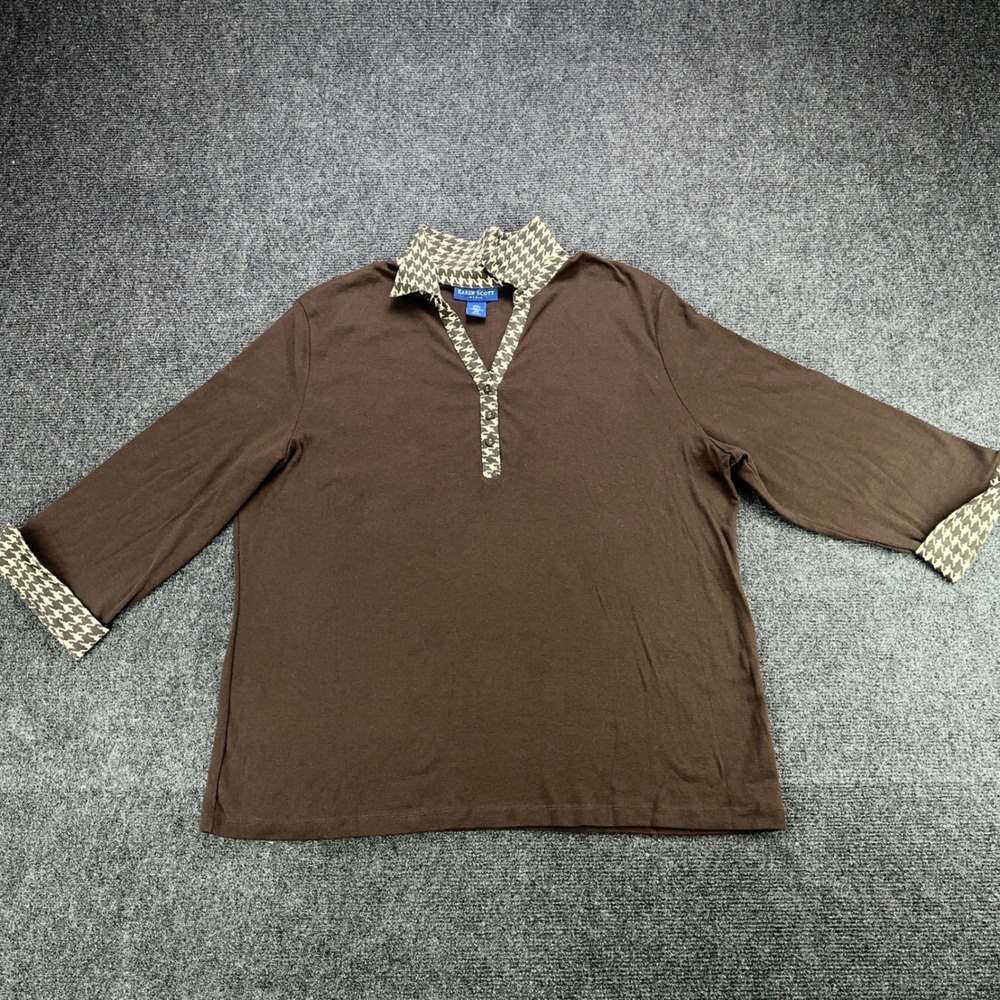 Karen Scott Woman Brown Houndstooth Trim 3/4 Sleeve Cotton Top 2X